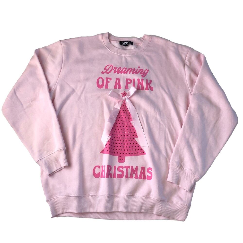 Vinyl Icons Women’s Sweatshirt “Dreaming Of A Pink Christmas “ Rhinestones Med